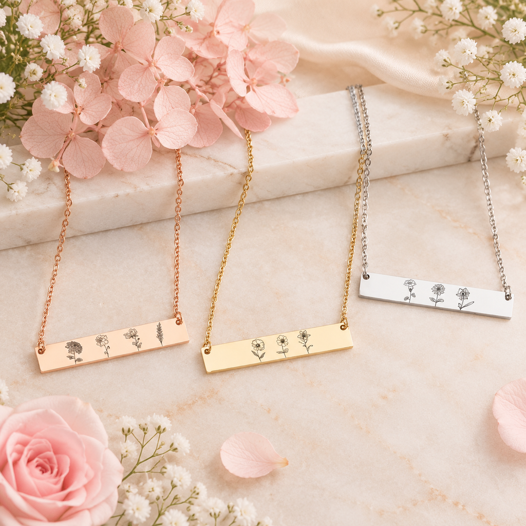 Personalized Birth Flower Bar Necklace