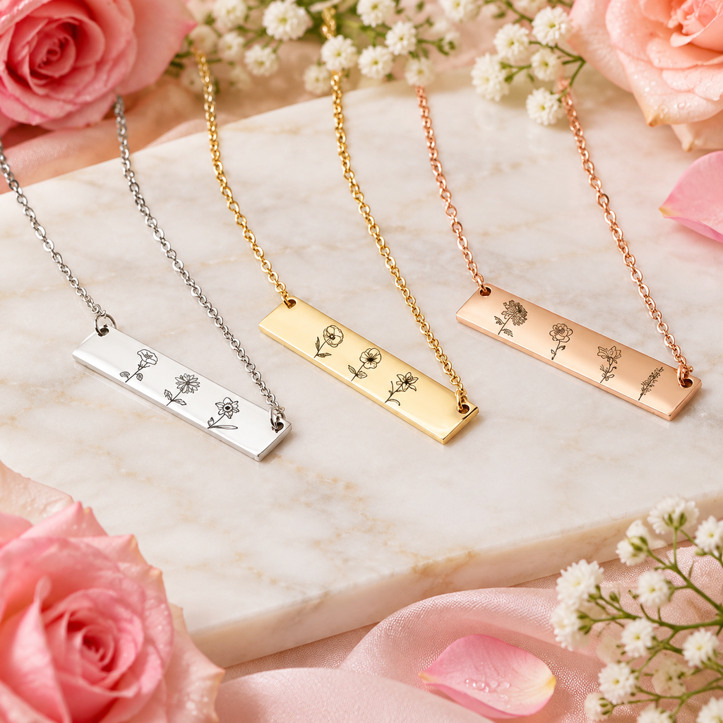 Personalized Birth Flower Bar Necklace