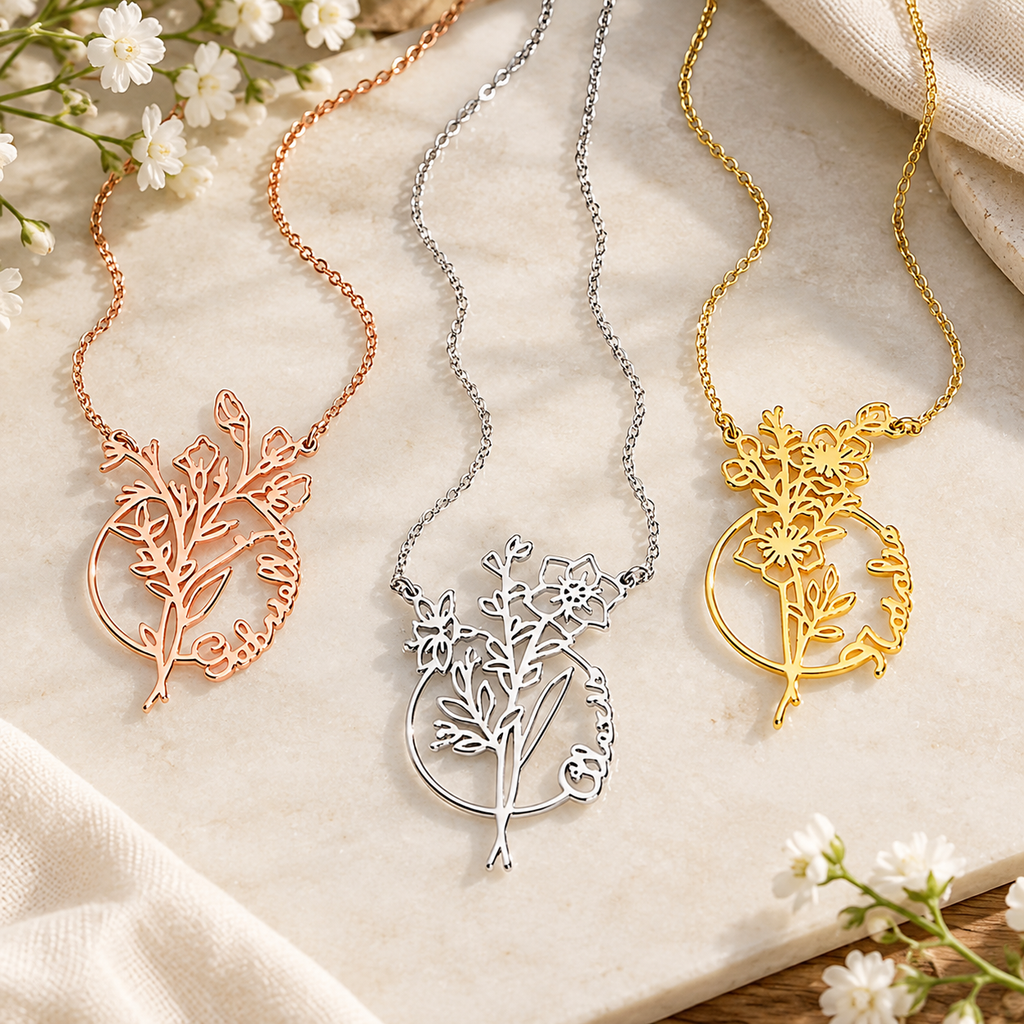 Personalized Birth Flower Name Necklace