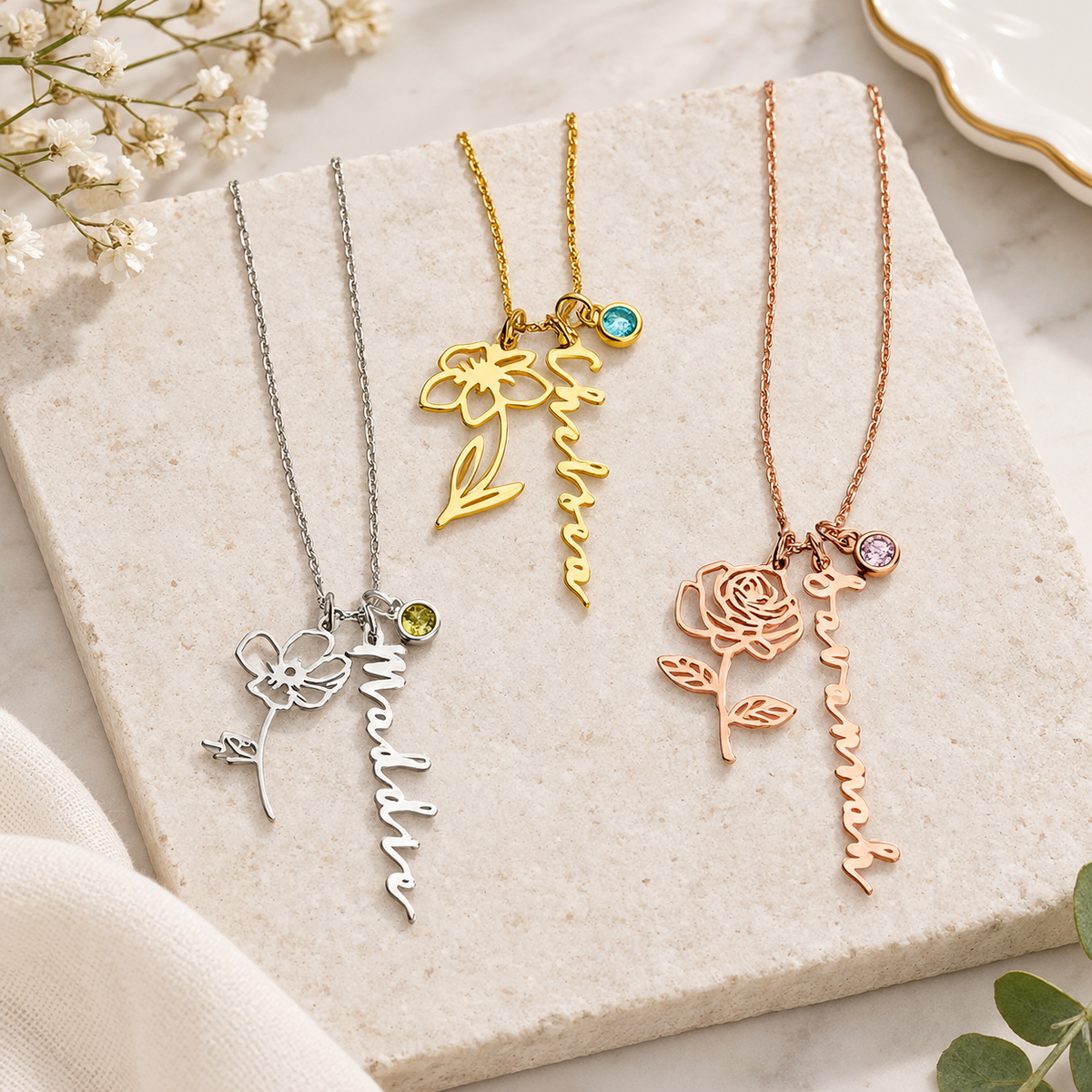 Personalized Birth Flower & Birthstone Name Necklace