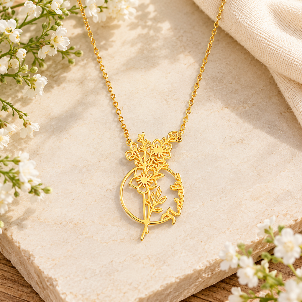 Personalized Birth Flower Name Necklace