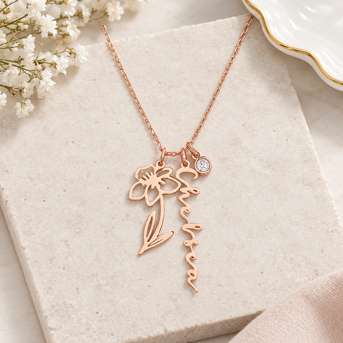 Personalized Birth Flower & Birthstone Name Necklace