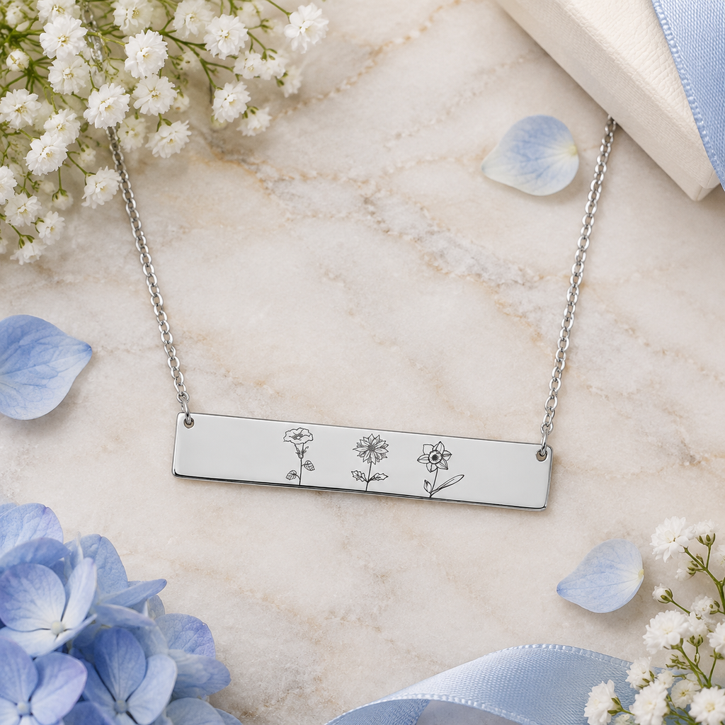 Personalized Birth Flower Bar Necklace