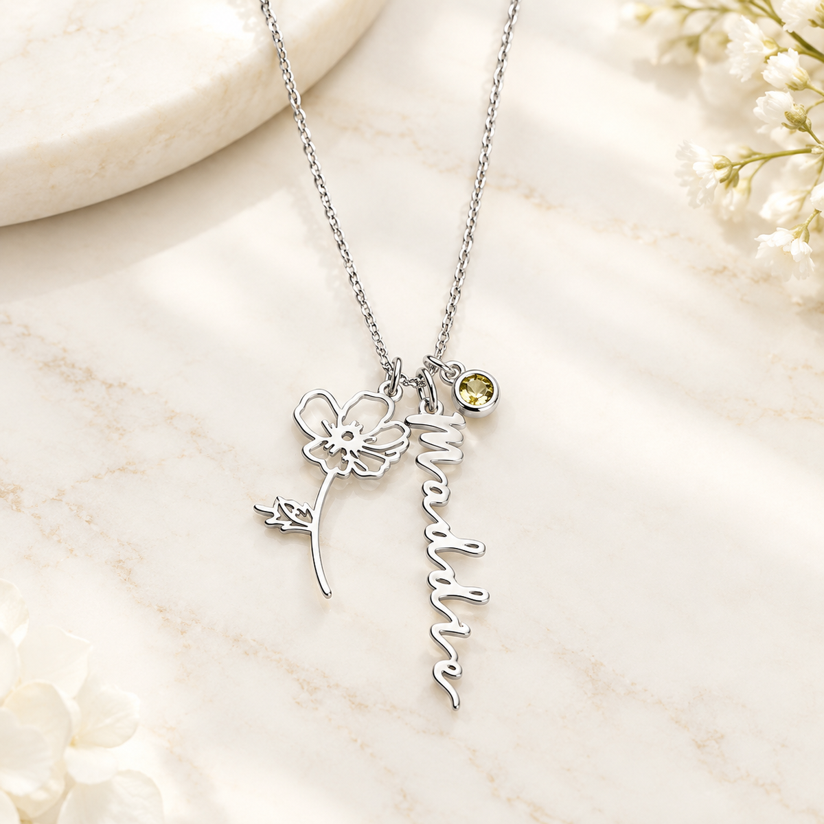 Personalized Birth Flower & Birthstone Name Necklace
