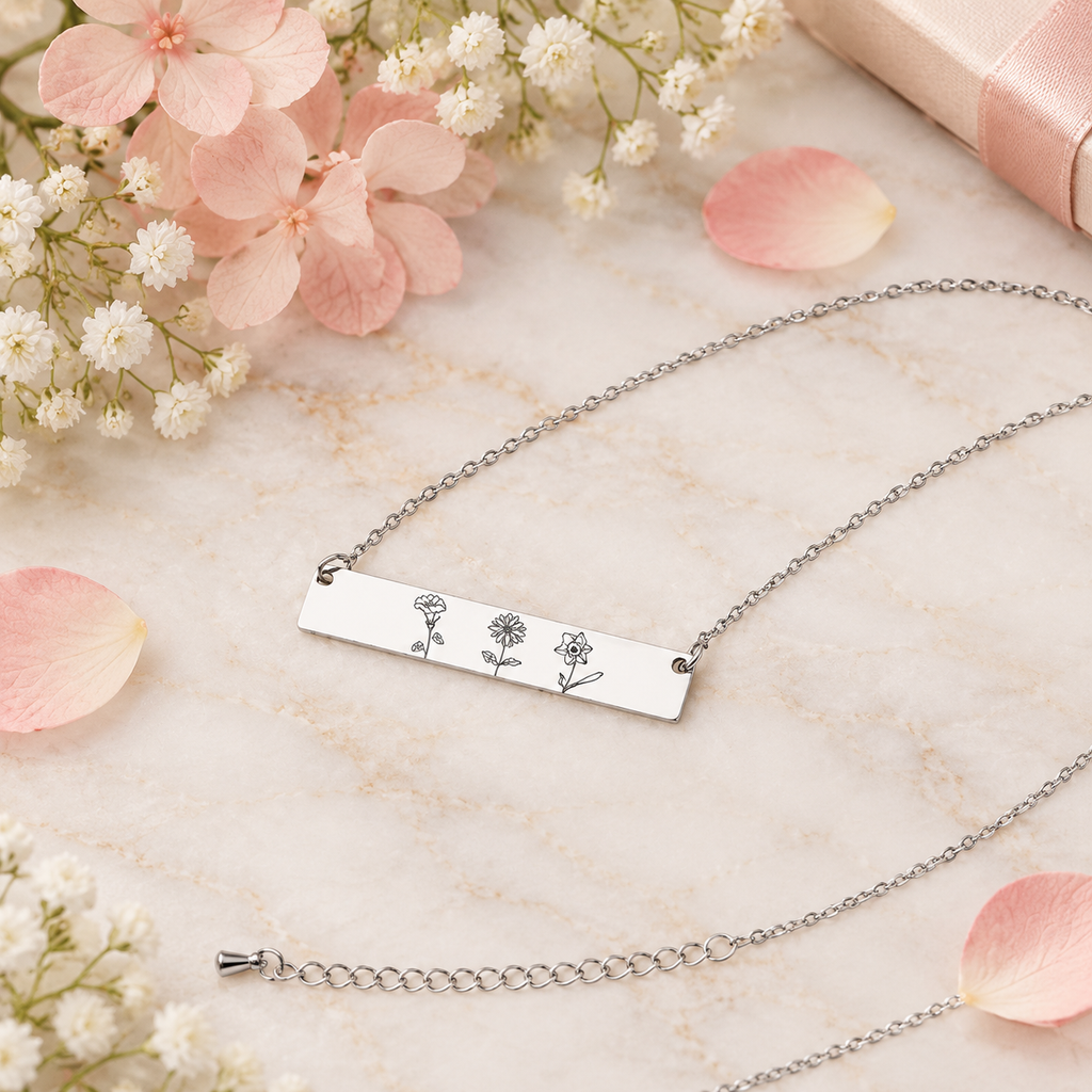 Personalized Birth Flower Bar Necklace
