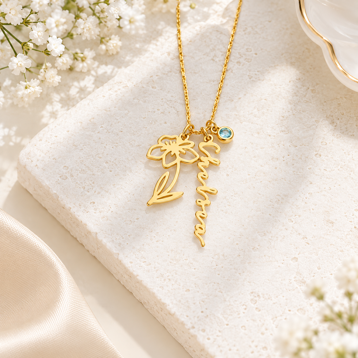 Personalized Birth Flower & Birthstone Name Necklace
