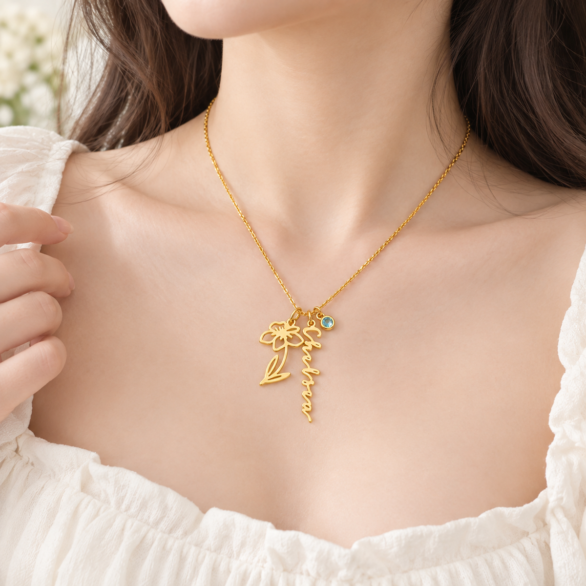 Personalized Birth Flower & Birthstone Name Necklace