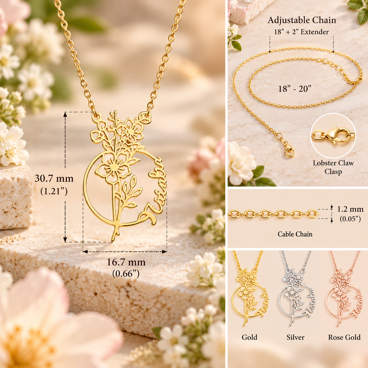 Personalized Birth Flower Name Necklace