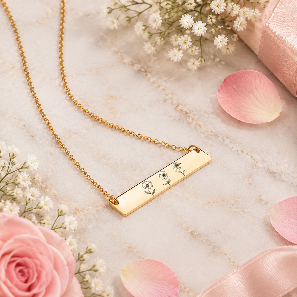 Personalized Birth Flower Bar Necklace