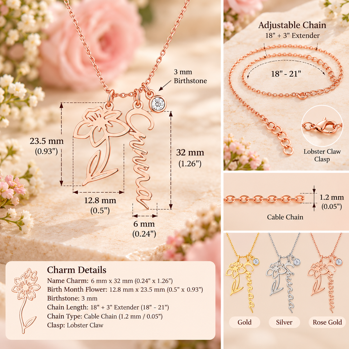 Personalized Birth Flower & Birthstone Name Necklace